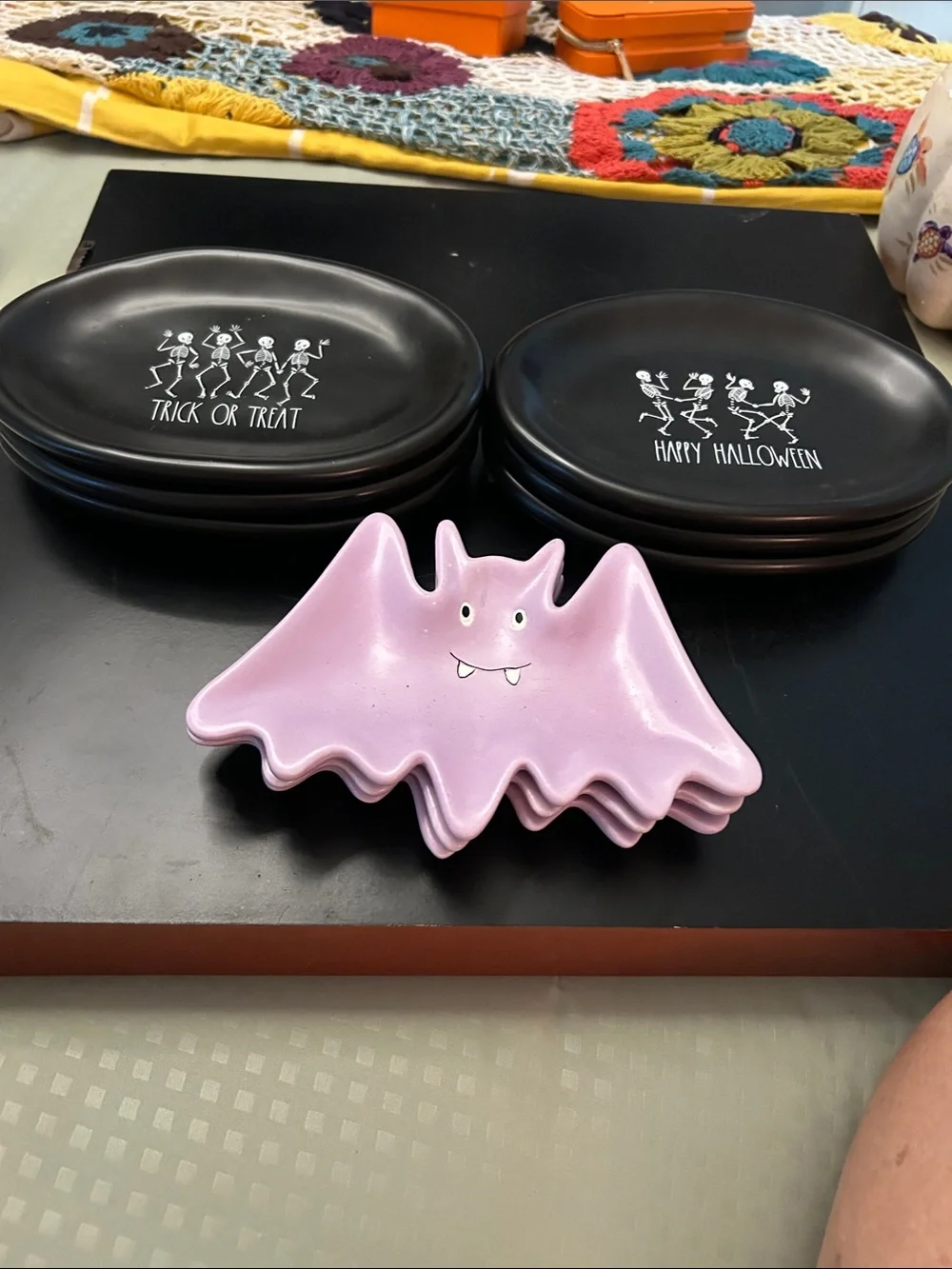 Rae Dunn Pink Bat Soon Rest or candy Holders with 6 Black Halloween Snack Plates